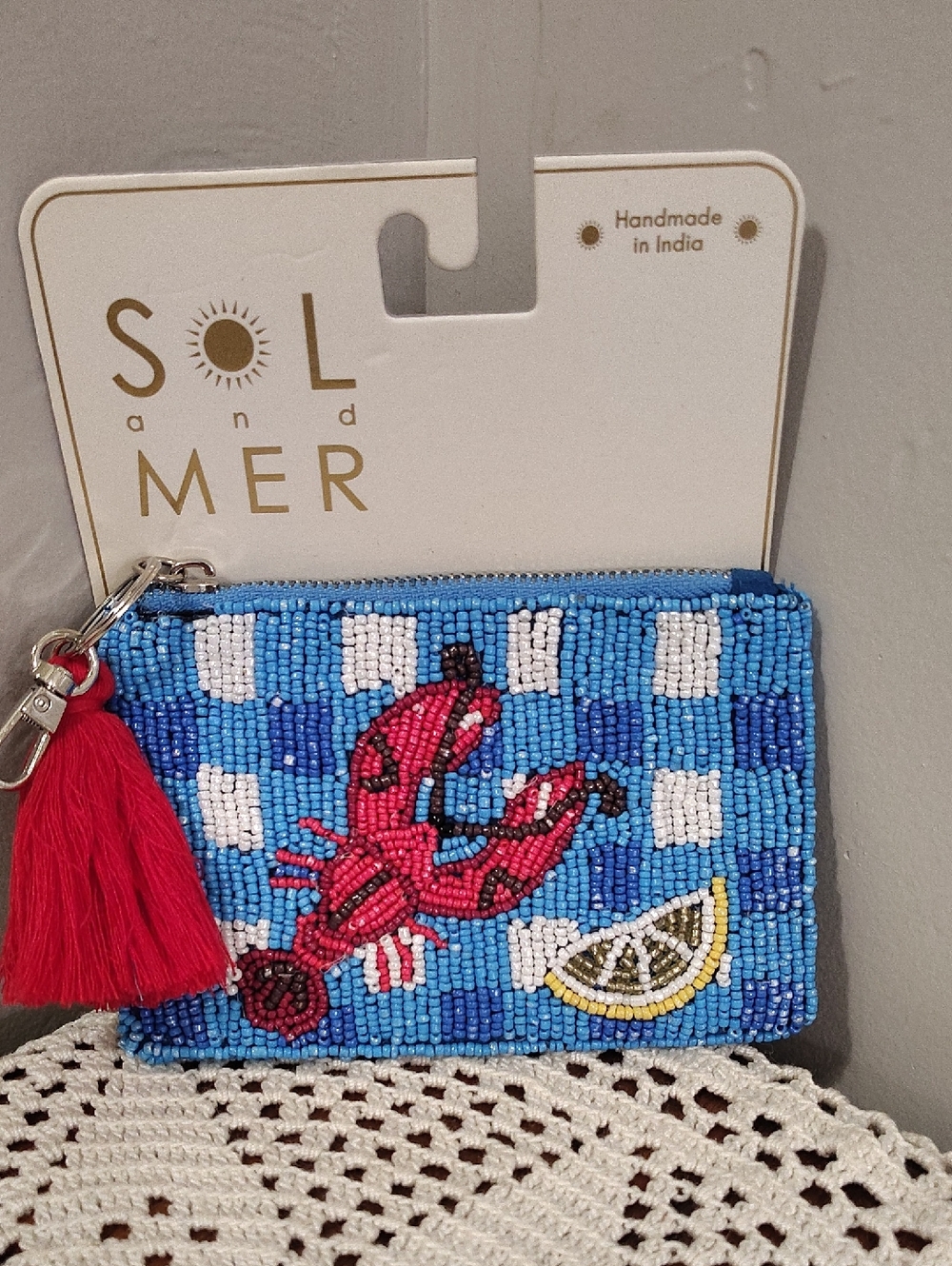 SOL and MER Beaded Lobster Coin Purse Blue & Red NEW Viral